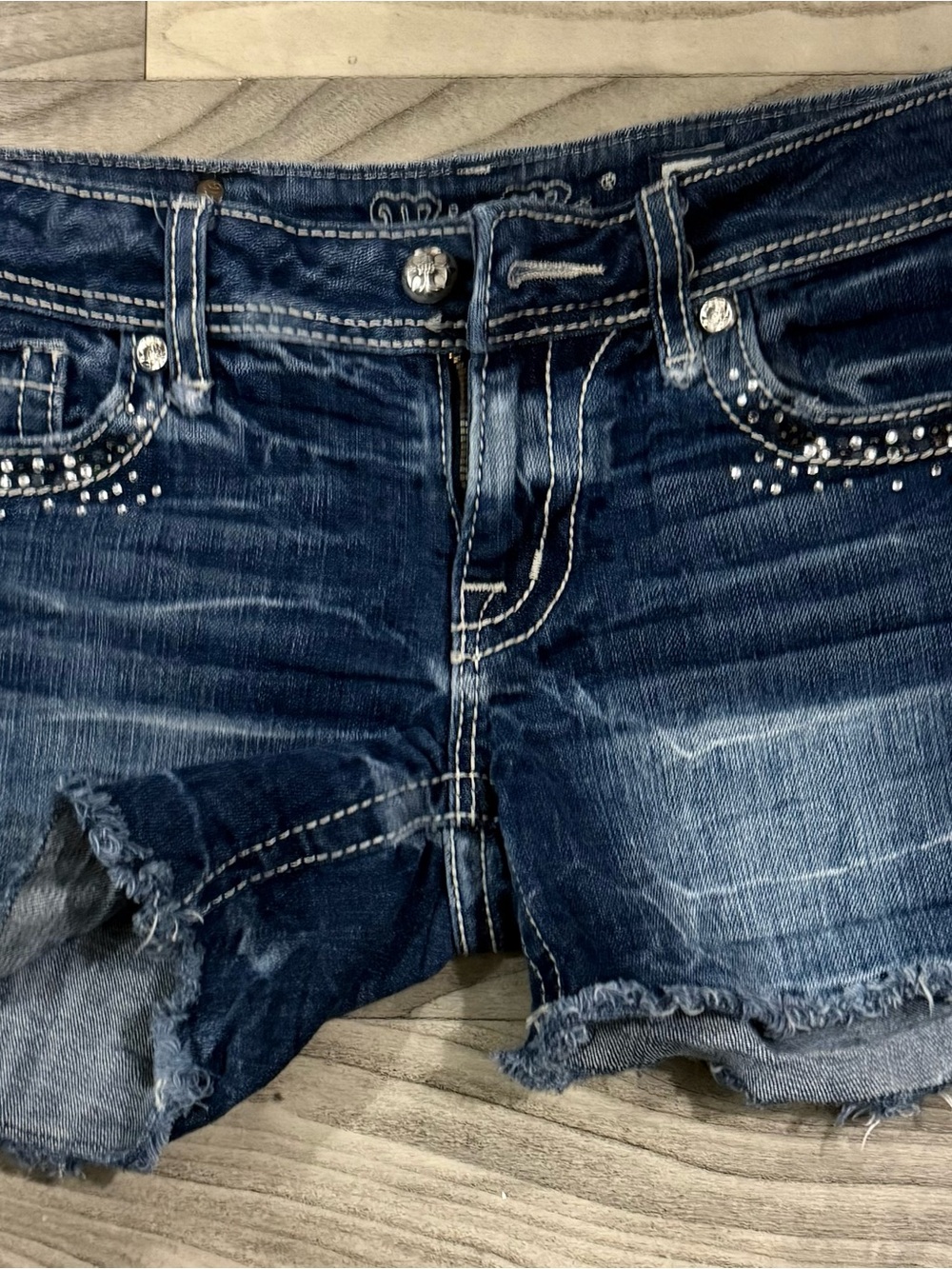 Miss Me Dark Blue Distressed Denim Shorts with Rhinestone Accents